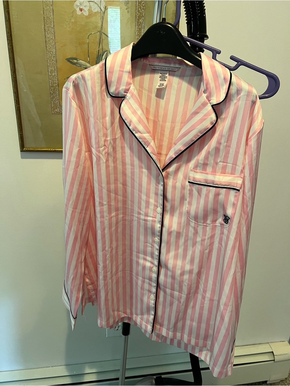 Victoria's Secret Pink & White Striped Satin Pajama Shirt with Black Piping